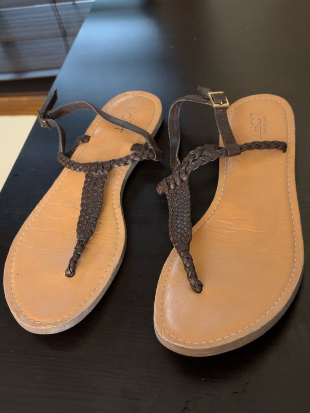 Ann Taylor LOFT Brown Leather Braided T-Strap Sandals Size 8M